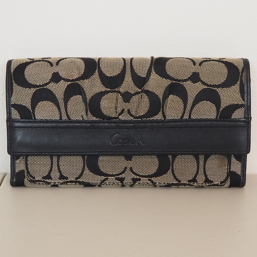 Coach Tri-Fold Wallet Women's Black Signature Canvas Leather Trim Snap Closure